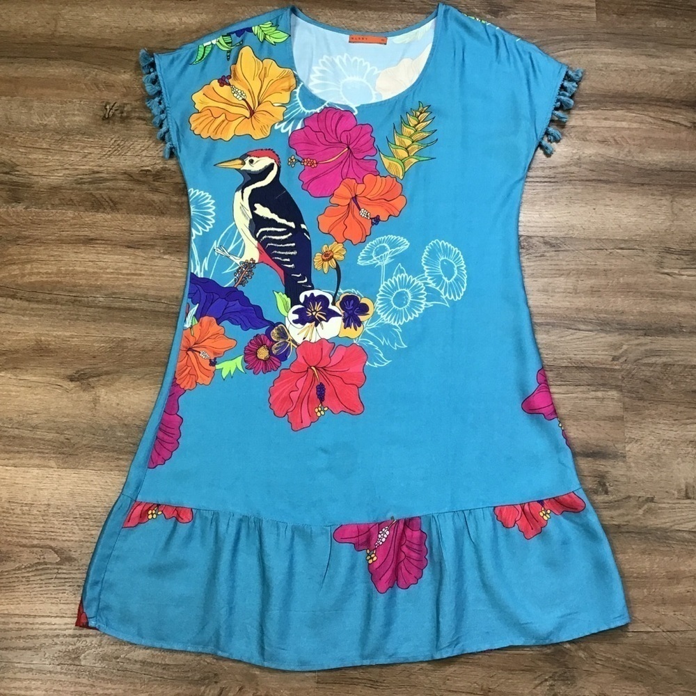 ANTHROPOLOGIE Munny Dress Size M/L Mumu Style Floral Bird Beach Pool Tropical